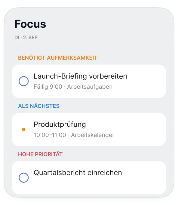 Oriio Focus mit überfälligen Erinnerungen und anstehenden Terminen