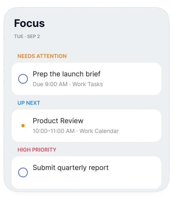 Oriio Focus view showing overdue reminders and upcoming events