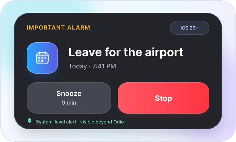 An Oriio Important Alarm displayed above the Focus widget