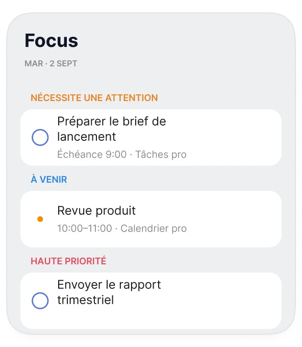 Vue Focus d’Oriio avec rappels en retard et événements à venir