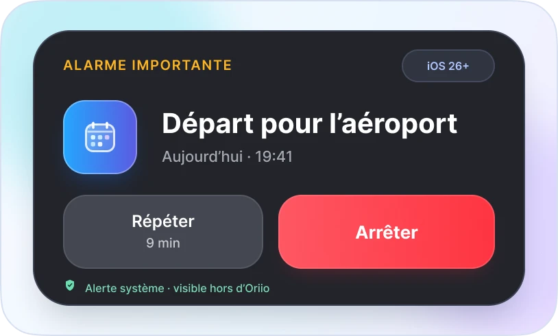 Alarme importante Oriio affichée au-dessus du widget Focus