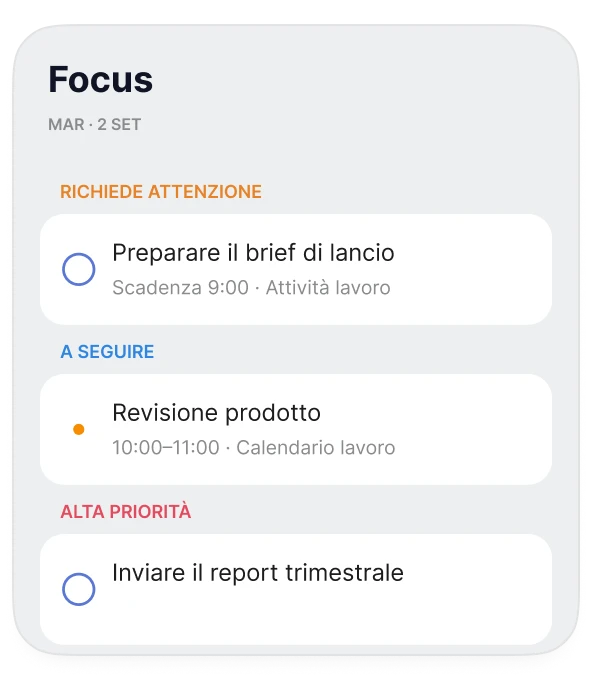 Vista Focus di Oriio con promemoria scaduti ed eventi imminenti