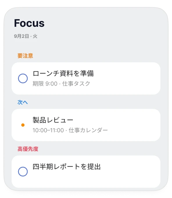 期限切れのリマインダーと今後の予定を表示するOriio Focus
