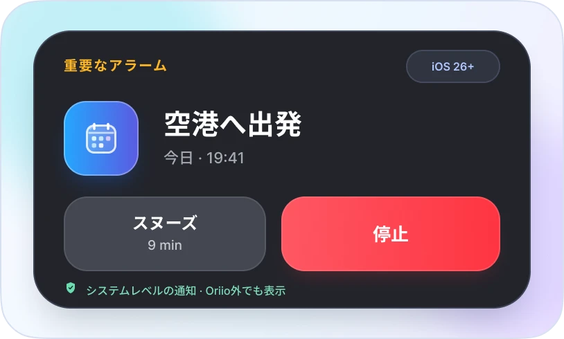 Focusウィジェットの上に表示されるOriioの重要なアラーム