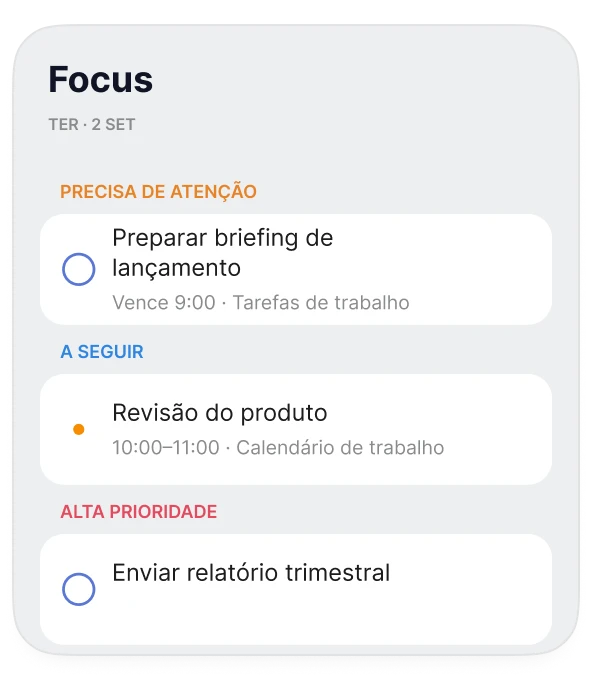 Visão Focus do Oriio com lembretes atrasados e próximos eventos