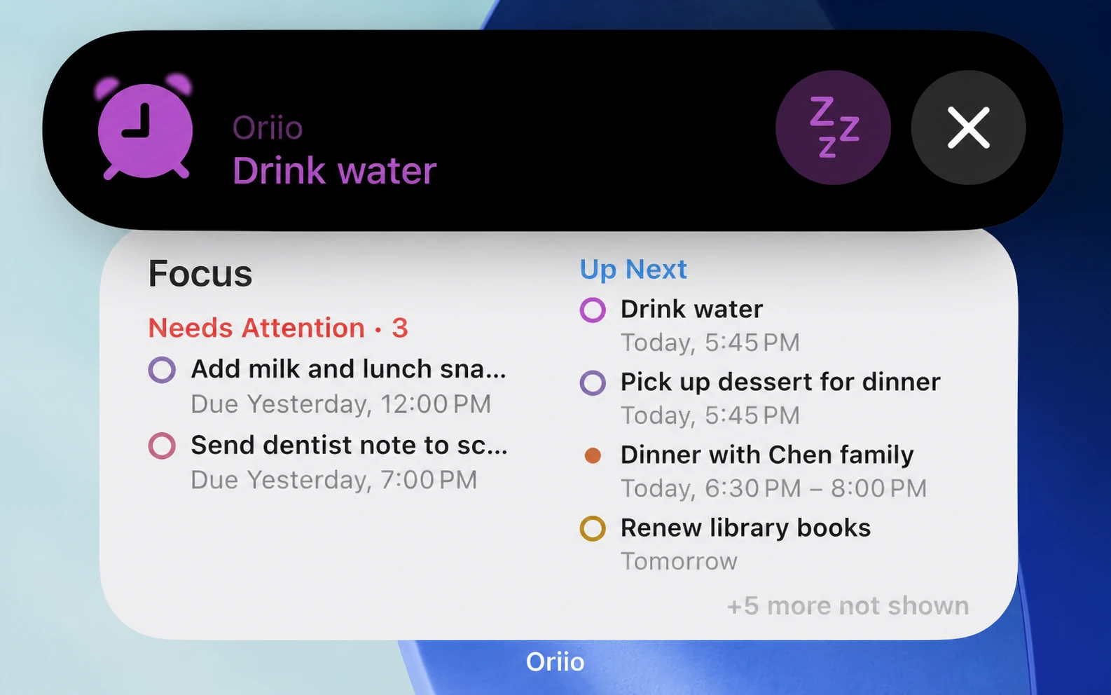 An Oriio Important Alarm displayed above the Focus widget