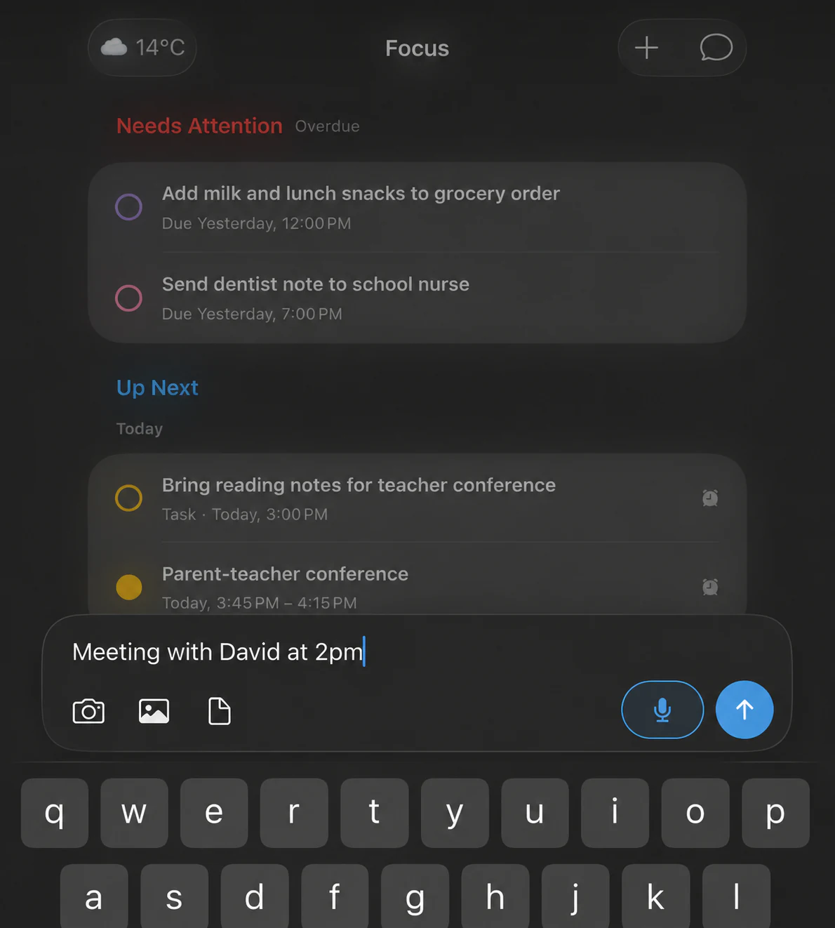A natural-language scheduling request being entered in Oriio