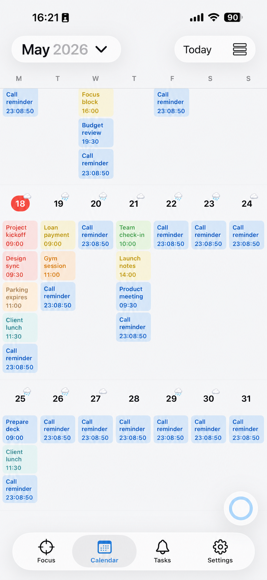 Oriio Calendar screen with example events