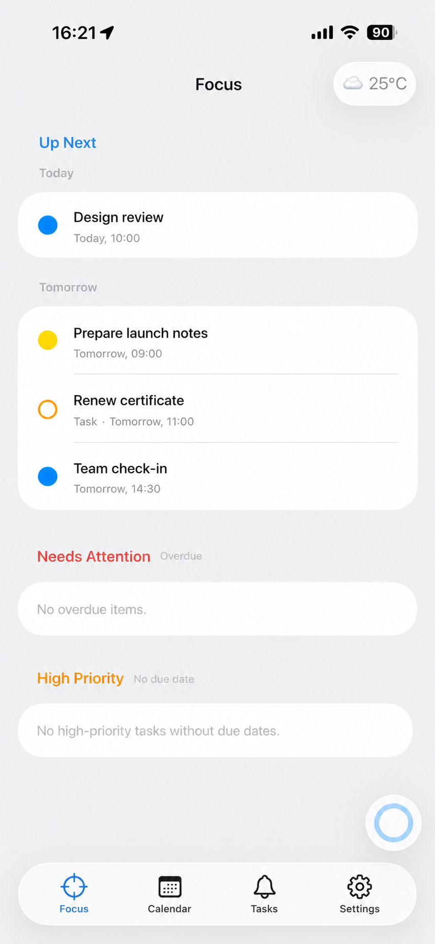 Oriio Focus screen showing upcoming events and reminders