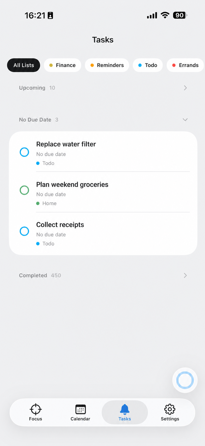 Oriio Tasks screen with example reminders
